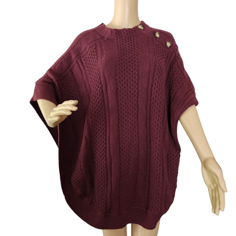 Talbots Donegal Purple Burgundy Cable Knit Open Side Poncho Sweater - Medium